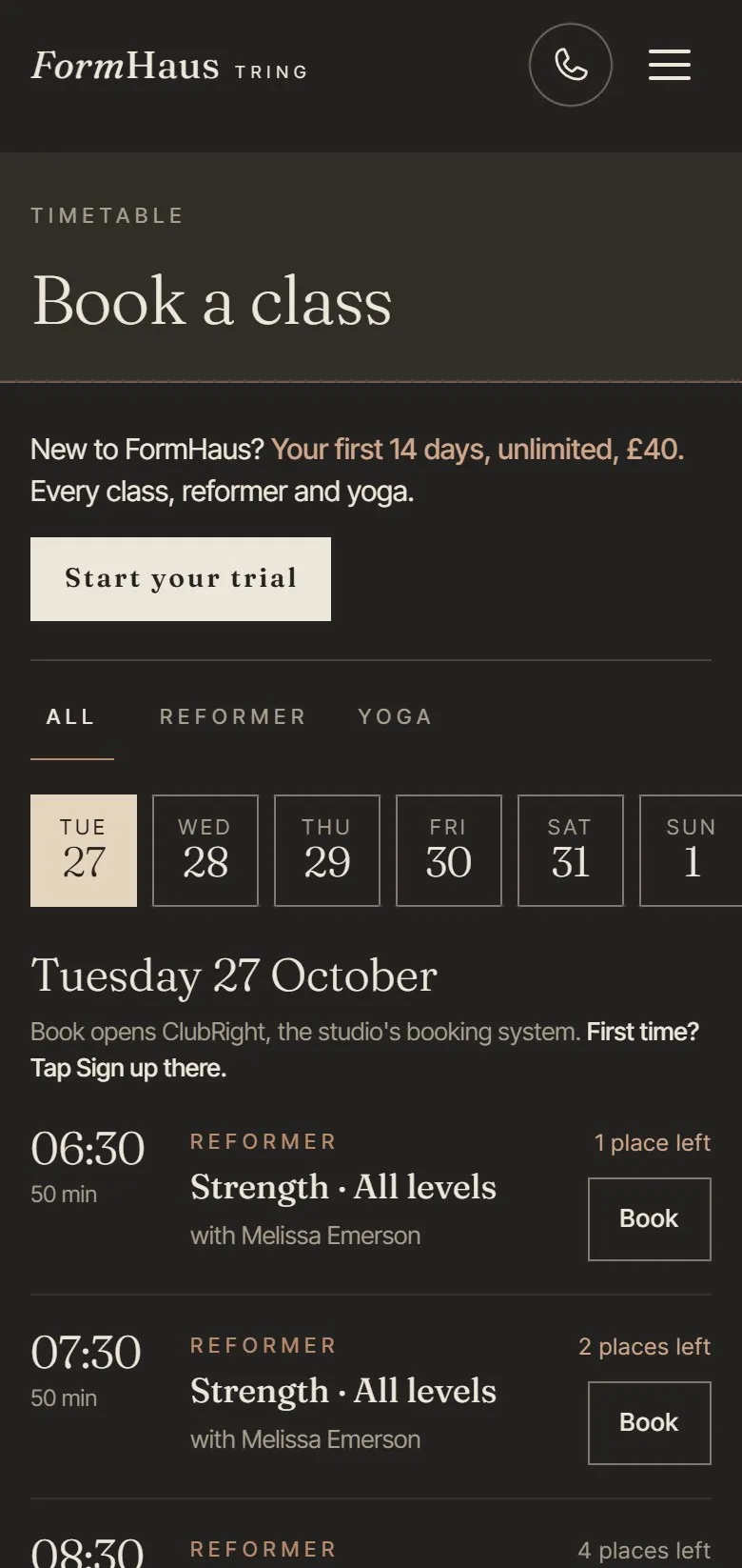 The FormHaus Booking page on a phone