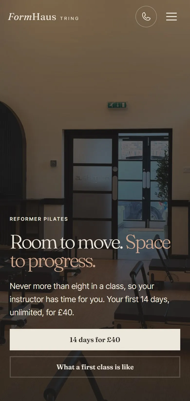 The FormHaus Pilates page on a phone